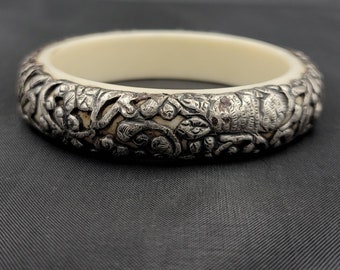 Vintage Tibetan Bangle: Huge Carved White Stone, Silver