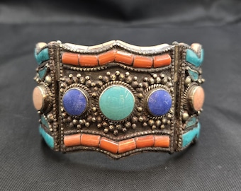 Handmade Silver Bangle: Tibetan Turquoise & Coral Stone Bracelet (8CM)