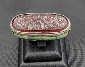 Ancient  Agate Stone Deer Intaglio With Natural Turquoise Stone Antique Silver Unique Ring