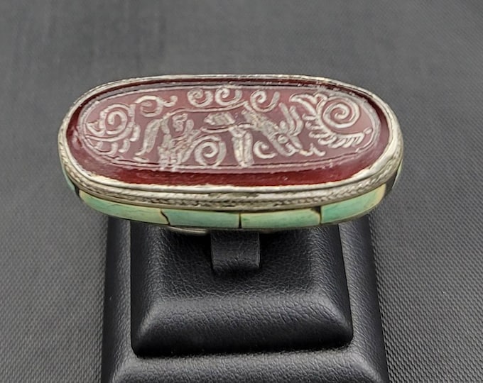 Ancient  Agate Stone Deer Intaglio With Natural Turquoise Stone Antique Silver Unique Ring