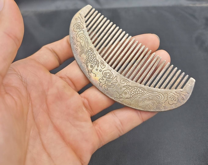 Vintage Old Silver Northern Thailand Handmade Beautiful Comb With Fish Carved