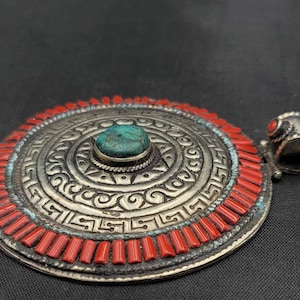 Red Vintage Coral Old Silver Round Near Eastern Pendant With Turquoise Stone