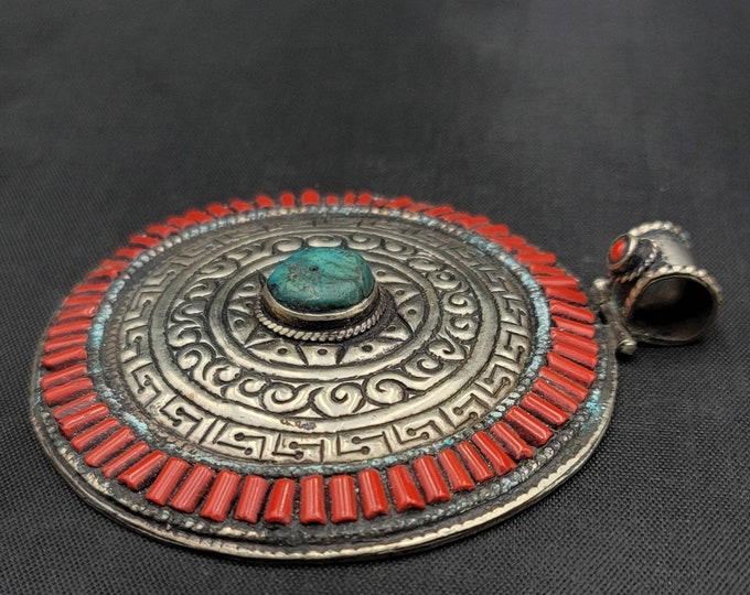 Red Vintage Coral Old Silver Round Near Eastern Pendant With Turquoise Stone