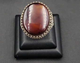 Handmade Silver Ring: Natural Agate Yemani Stone, Size 9 3/4