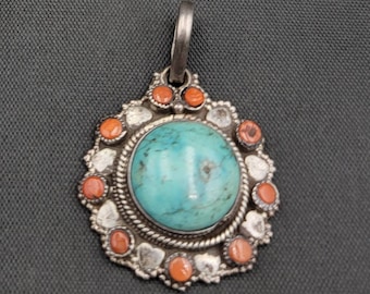 Native American Sterling Silver Vintage Pendant With Natural Turquoise And Coral Stone