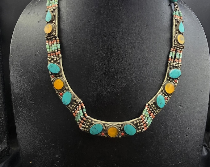 Beautiful Handmade Authentic Silver Vintage Tibeten Silver Necklace / Choker With Natural Turquoise And Coral