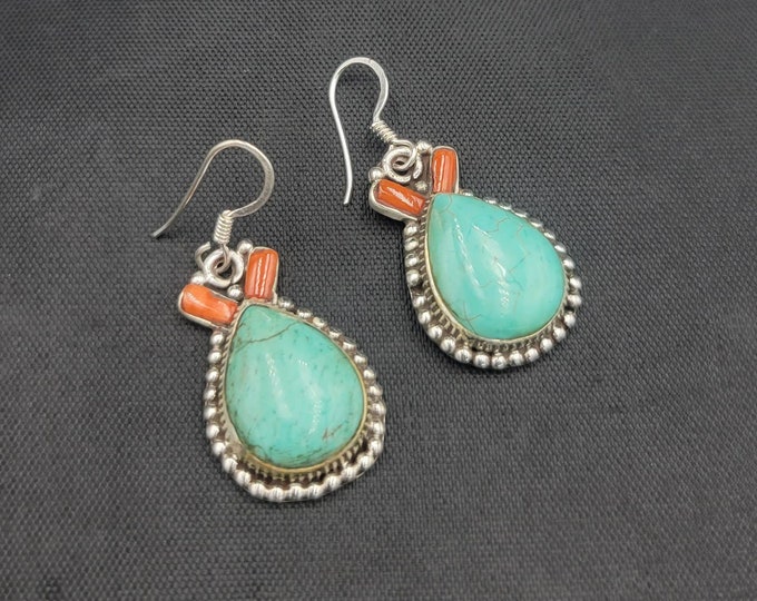 Sterling Silver Vintage Beautiful Natural Turquoise Native American Silver Earrings With Coral Stone