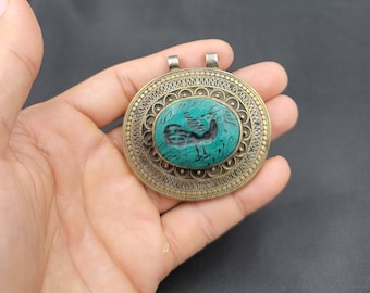 Vintage Silver Pendant: Natural Turquoise Bird Intaglio, Afghanistan