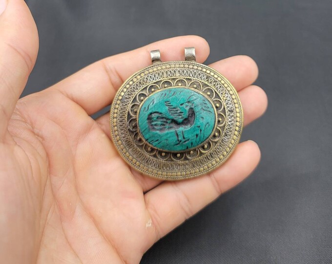 Vintage Beautiful Old Silver Pendant With Natural Turquoise Stone Bird Intaglio