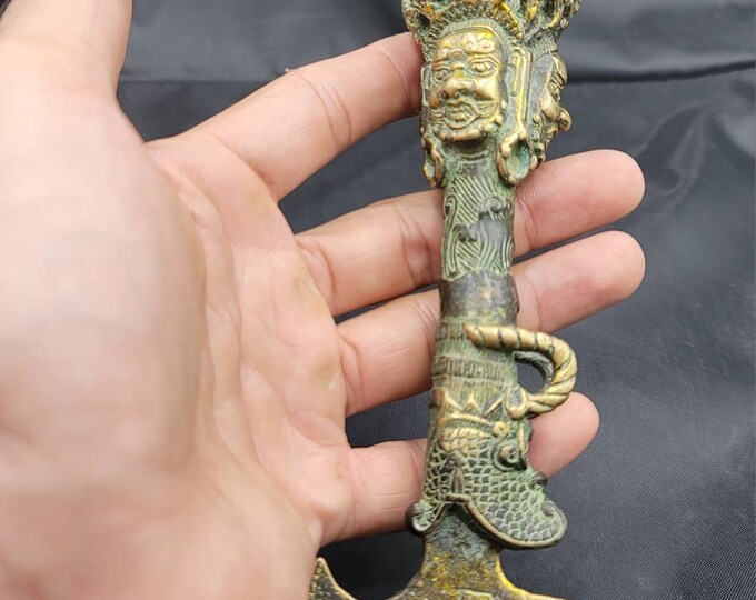 Beautiful Tibetan Rare Antique Ritual Dagger (Phurba) Bronze Handcrafted Mahakala 3 Face Art Deco