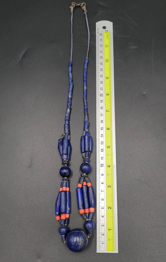 Antique Lapis Lazuli & Coral Necklace: Afghanistan Gemstone, 64cm