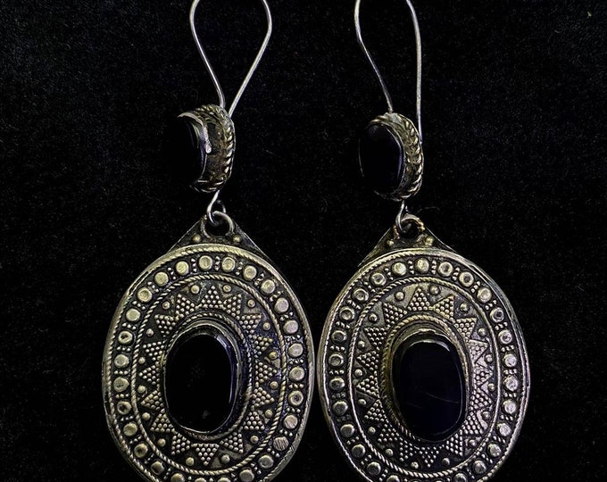 Vintage Beautiful Handmade Old Silver Kazaki Region Earings With Black Agate Stone