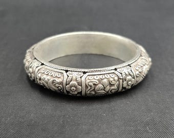 Vintage Tibetan Silver Bangle: Handmade Carved Lucky Bracelet