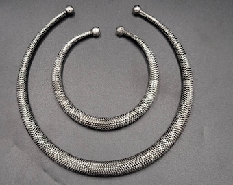 Antique Silver Choker Bangle Set: Mid Century Adjustable Necklace