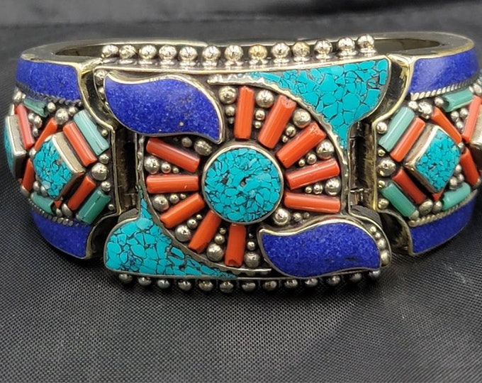 Old Silver Beautiful Near Eastern Silver Bangle With Natural Turquoise Lapis Lazuli and Coral Stone