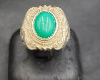 Antique Silver Ring: Handmade Near Eastern Green Jade Stone, Adjustable