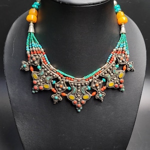 Vintage Tibetan Silver Necklace: Turquoise Coral Handmade Choker