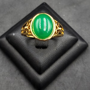 Handgemachter Gold auf Silber Ring: Natürliche Grüne Jade Stein, Size 9