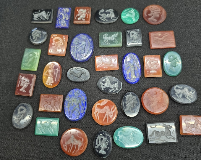 Ancient Agate Lapis Lazuli Intaglio Carvings: Green, Black, Red Stones (34 Pieces)