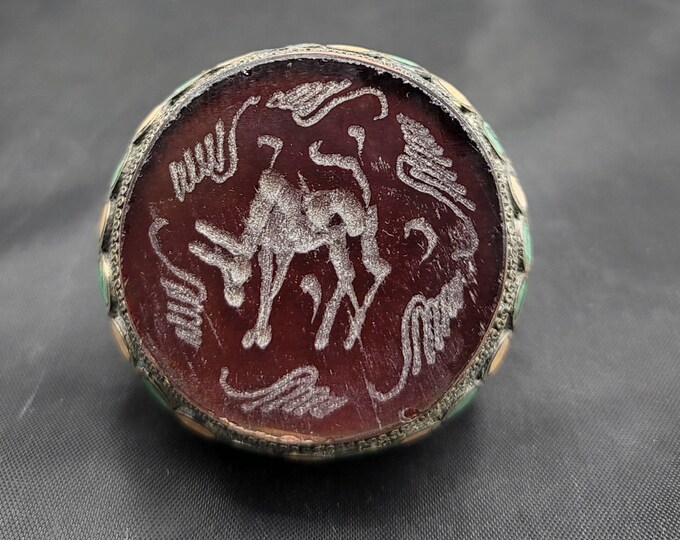 Super Gaint Antique Silver Near Eastern Seal Ring With Ancient Agate Bull Intaglio