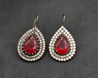 Super Gorgeous Silver Gold Plated Victorian Design Earrings With Red Agate Stone