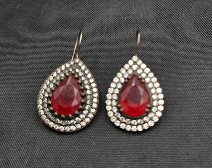 Super Gorgeous Silver Gold Plated Victorian Design Earrings With Red Agate Stone