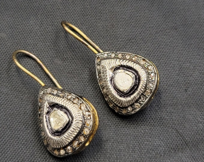 Beautiful Sterling Silver Gold Gulding Earrings With Natural Daimond Gemstones Rose Cut Daimond