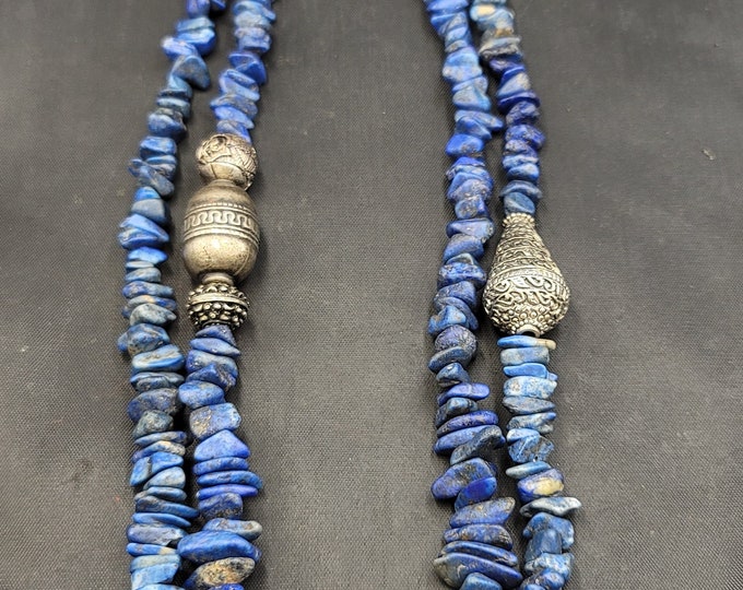Beautiful Morakish Silver Enamel Beads Vintage Necklace Lapis Lazuli Stone With Old Authentic Stones