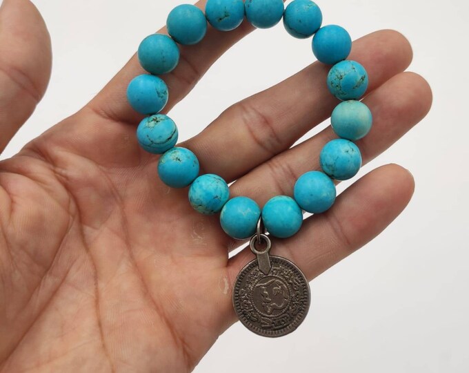Beautiful King Man Turquoise Stone Round Beads Bracelet With Old Coin Pendant