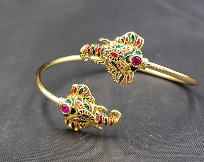 Beautiful Elegant Vintage Gold Gulding Bangle With Elephant Head Enamel With Natural Ruby Gemstone
