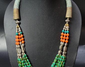 Vintage Handmade Silver Necklace with Turquoise and Coral (62Cm)