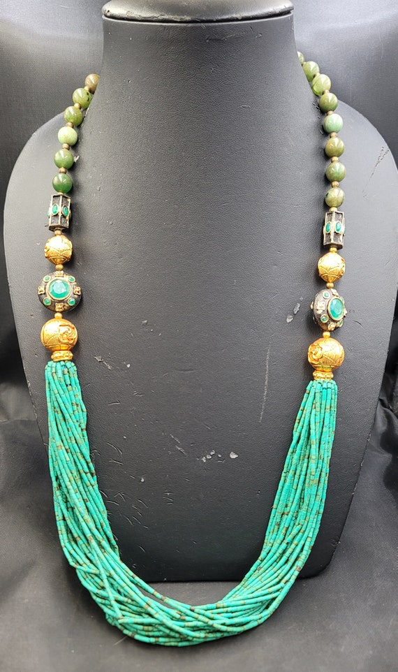 Turquoise特大 & antique beads Necklace Handmade Vintage Green Authentic Turquoise Beads Beautiful