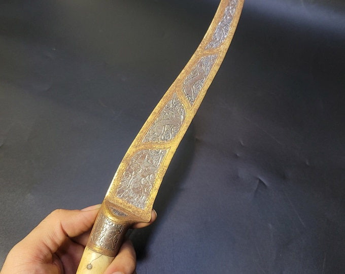 Late Medaval 1850th Century Wonderful Unique Afghanistan Brass Gold Gulit Carved Huge knife Sword