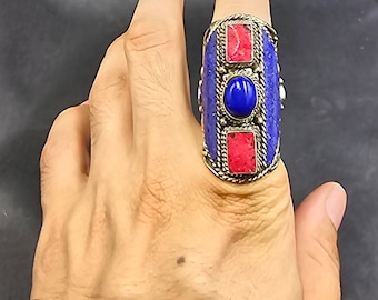 Vintage Tibetan Silver Ring: Lapis Lazuli, Coral, Turquoise - Size 9