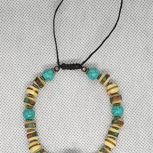 Handmade Turquoise & Coral Tribal Bead Bracelet - Adjustable