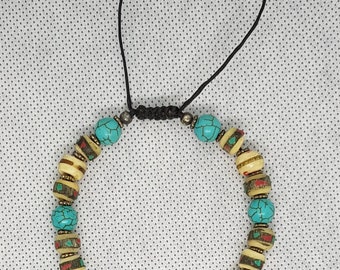 Handmade Turquoise & Coral Tribal Bead Bracelet - Adjustable