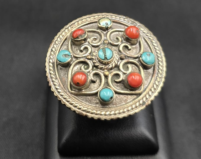 Amizing Vintage Silver Unique Design Handmade Silver Ring With Natural Turquoise Stone And Coral