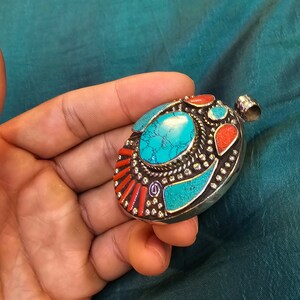 Handmade Tibeten Design Old Silver Pendant With Natural Turquoise And Coral
