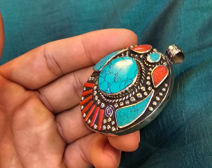 Handmade Tibeten Design Old Silver Pendant With Natural Turquoise And Coral