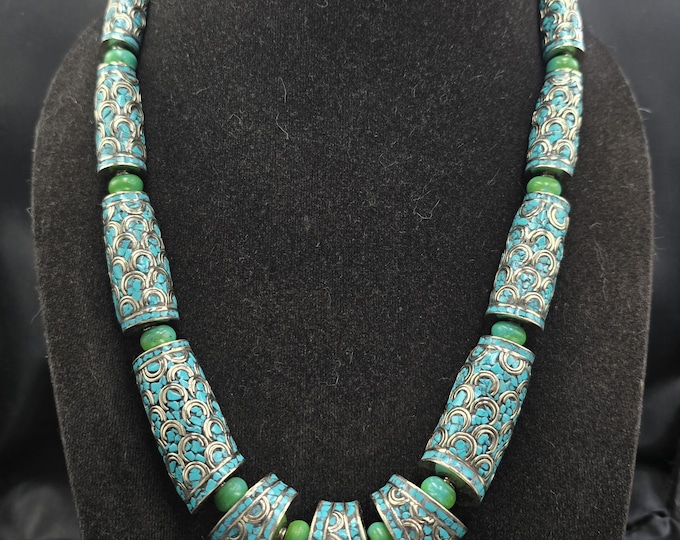 Vintage Turquoise Stone Silver Necklace - Handmade Authentic Design (60cm)