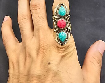 Handmade Tibetan Silver Ring: Coral & Turquoise, Size 10