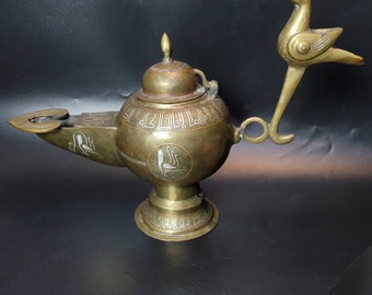 Islamic Antique Bronze Silver Inlaid Carved Unique Aladin Lamp With Bird on Top