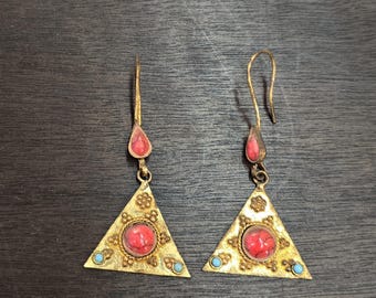 Vintage Gold Plated Near Eastern Earrings with Coral and Turquoise