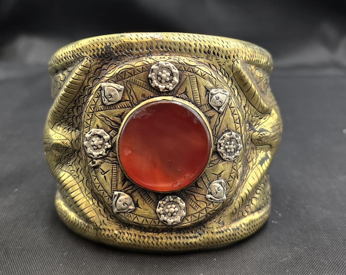 Antique Egyptian Cicra 1250s Bronze With Silver Unique Bangle Bracelet Ancient Agate Stone