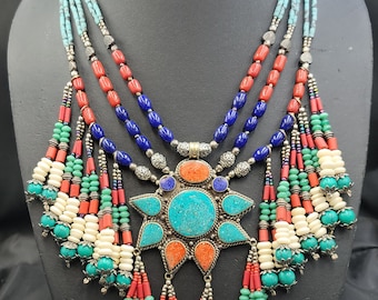 Vintage Tibetan Silver Necklace: Turquoise & Coral Boho Design