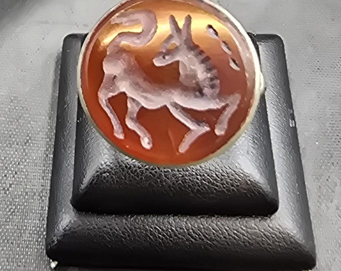Authentic Vintage Soild Silver Handmade Afghan Ring With Agate Stone Deer Intaglio
