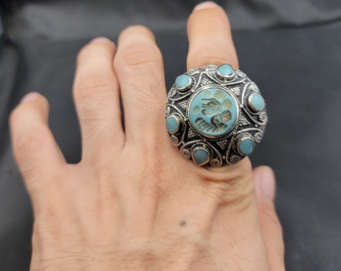 Near Eastern Silver Ring With Turquoise Stone Greek Empire king intaglio Unique Silver Ring