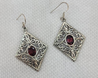 Vintage Handmade Silver Earrings With Natural Garnet Gemstone