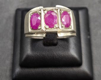 Vintage Handmade Solid Silver Ring with Ruby Gemstones - Size 10US