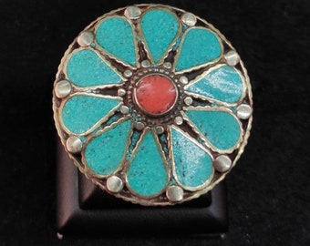 Vintage Tibetan Turquoise Coral Alpaka Silver Ring - Size 9 Adjustable
